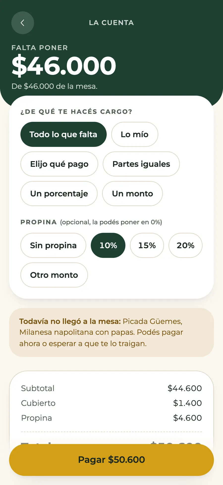 La cuenta en el teléfono del cliente, con las formas de dividirla y la propina
