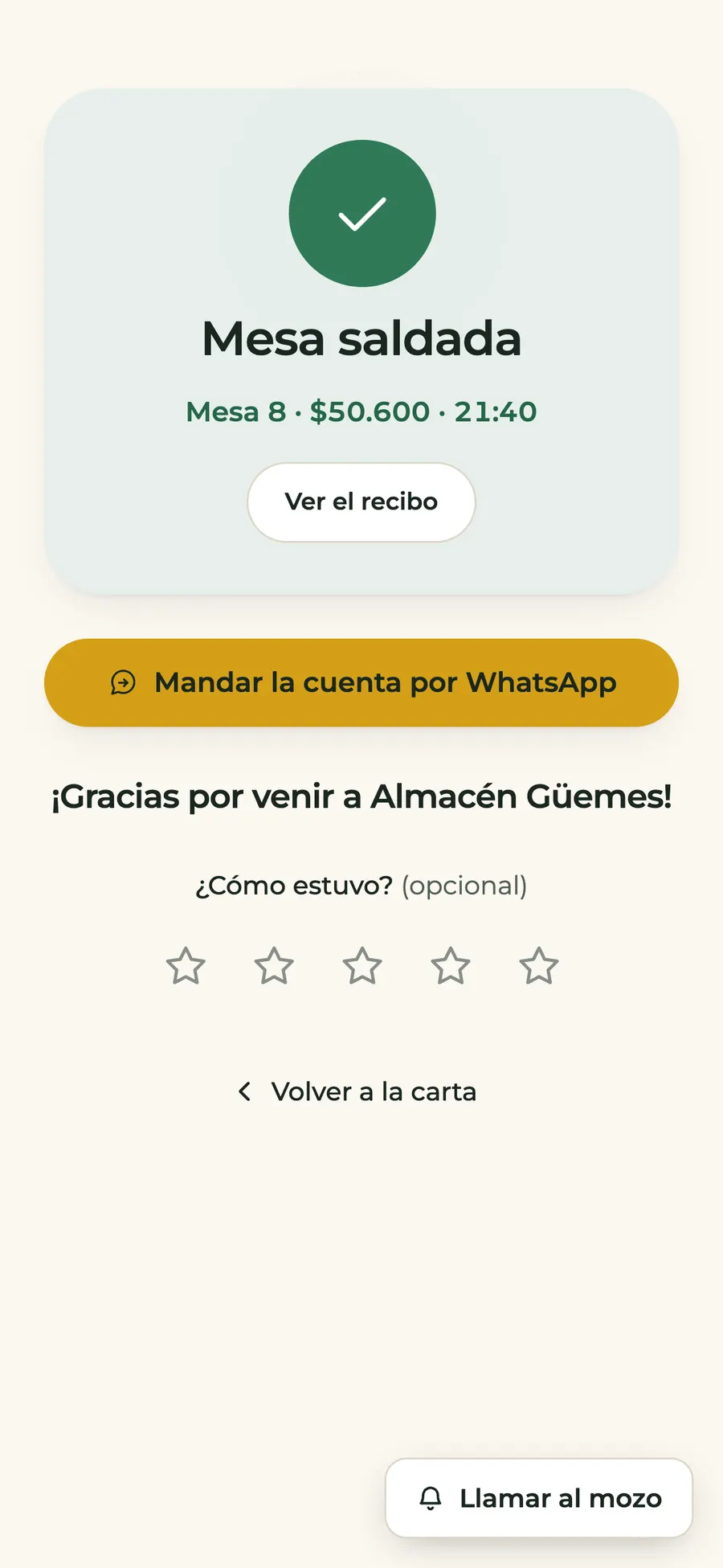 La pantalla de mesa saldada: ver el recibo, mandar la cuenta por WhatsApp, gracias por venir a Almacén Güemes y las estrellas para puntuar