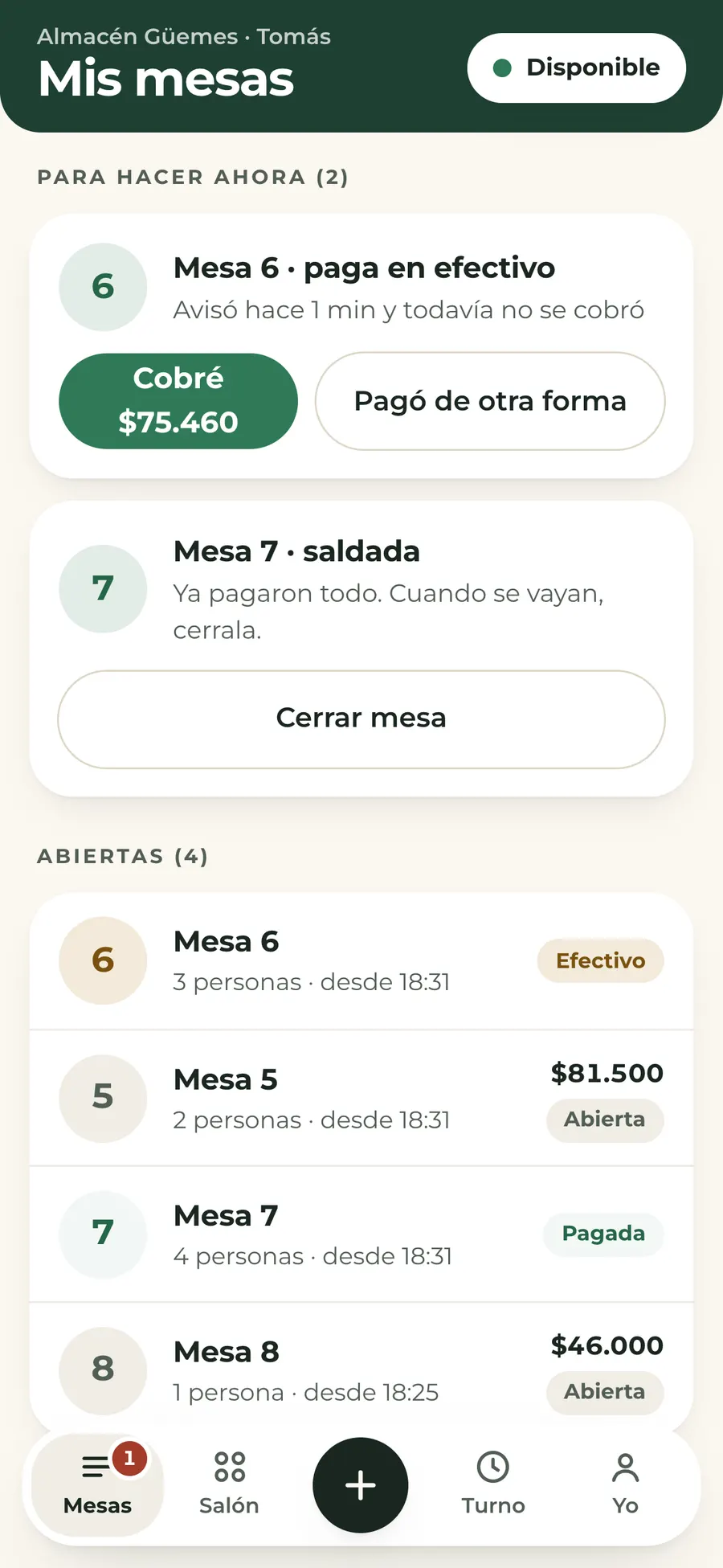 La app del mozo: una mesa paga en efectivo, otra ya saldada y las abiertas