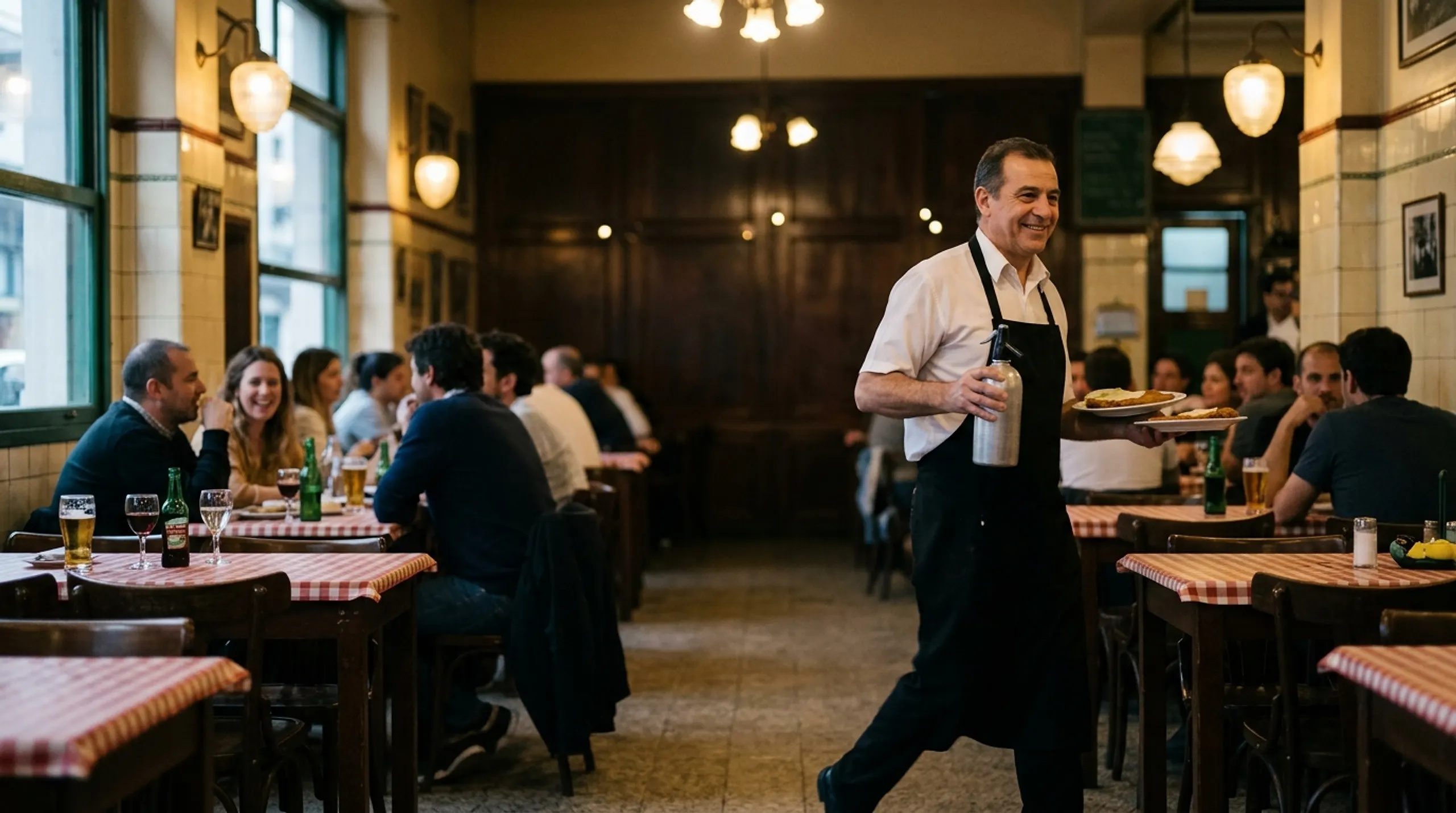 El salón de un bodegón lleno, con un mozo que pasa sonriendo entre las mesas
